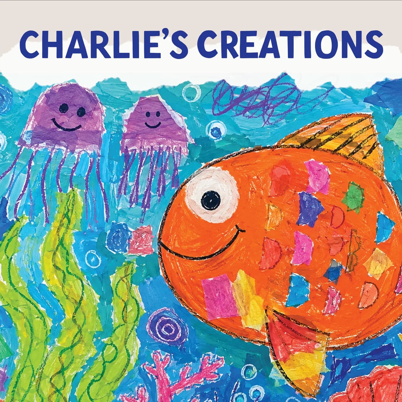 ตัวอย่างผลงานศิลปะของเด็กบนปก Charlie’s Creations สีสันสดใส
